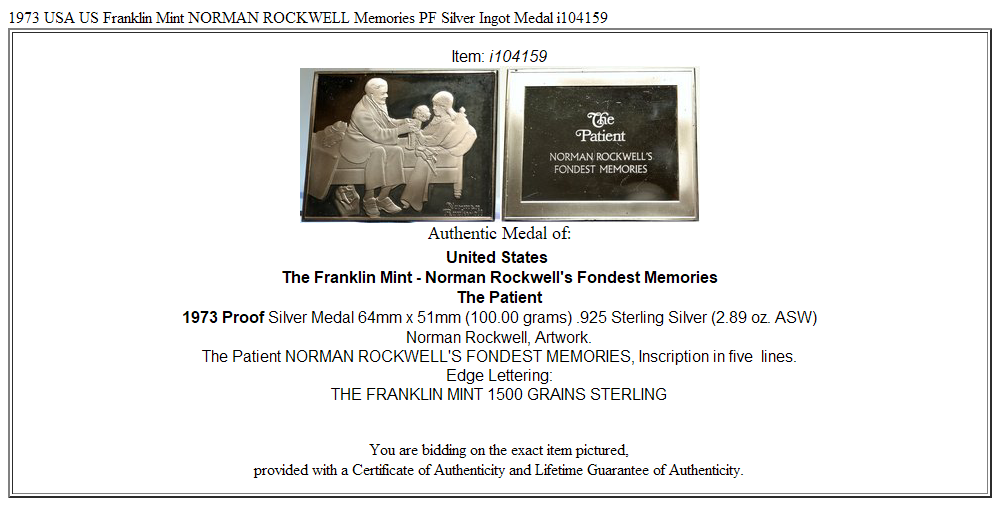 1973 USA US Franklin Mint NORMAN ROCKWELL Memories PF Silver Ingot Medal i104159