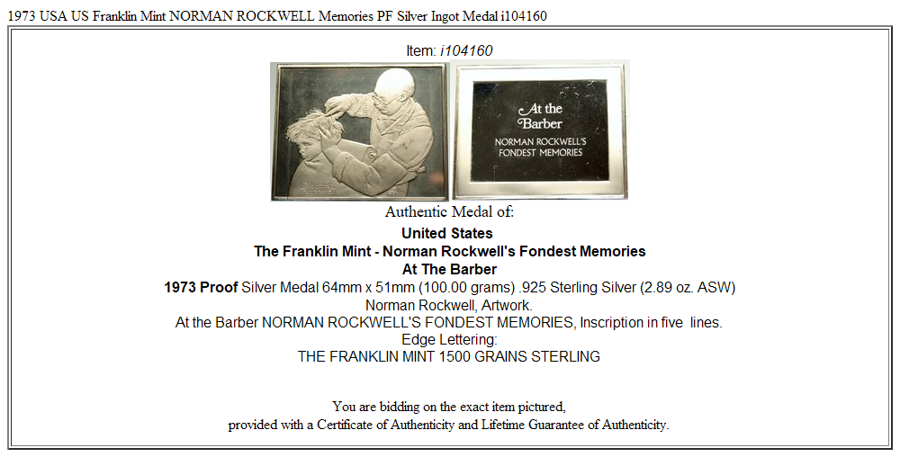 1973 USA US Franklin Mint NORMAN ROCKWELL Memories PF Silver Ingot Medal i104160