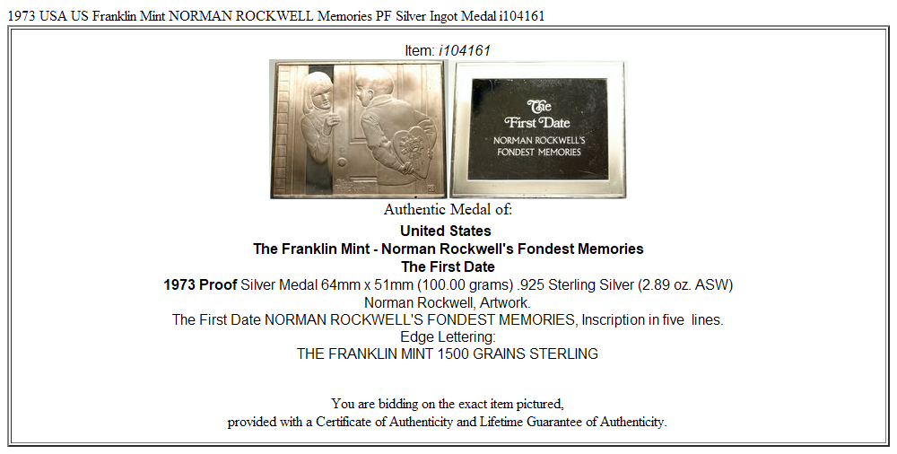 1973 USA US Franklin Mint NORMAN ROCKWELL Memories PF Silver Ingot Medal i104161