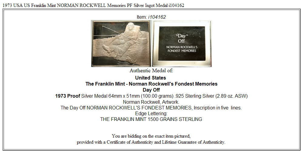 1973 USA US Franklin Mint NORMAN ROCKWELL Memories PF Silver Ingot Medal i104162