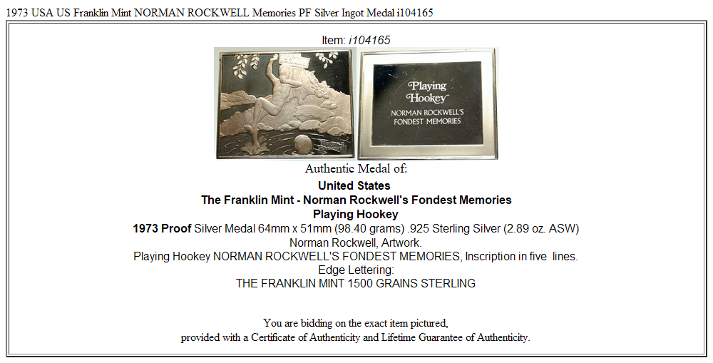 1973 USA US Franklin Mint NORMAN ROCKWELL Memories PF Silver Ingot Medal i104165