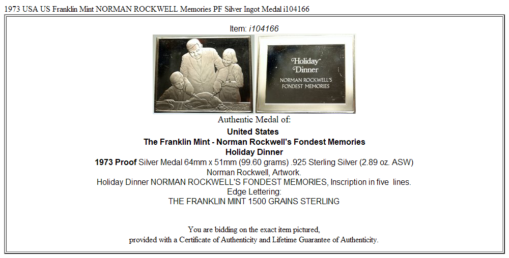 1973 USA US Franklin Mint NORMAN ROCKWELL Memories PF Silver Ingot Medal i104166