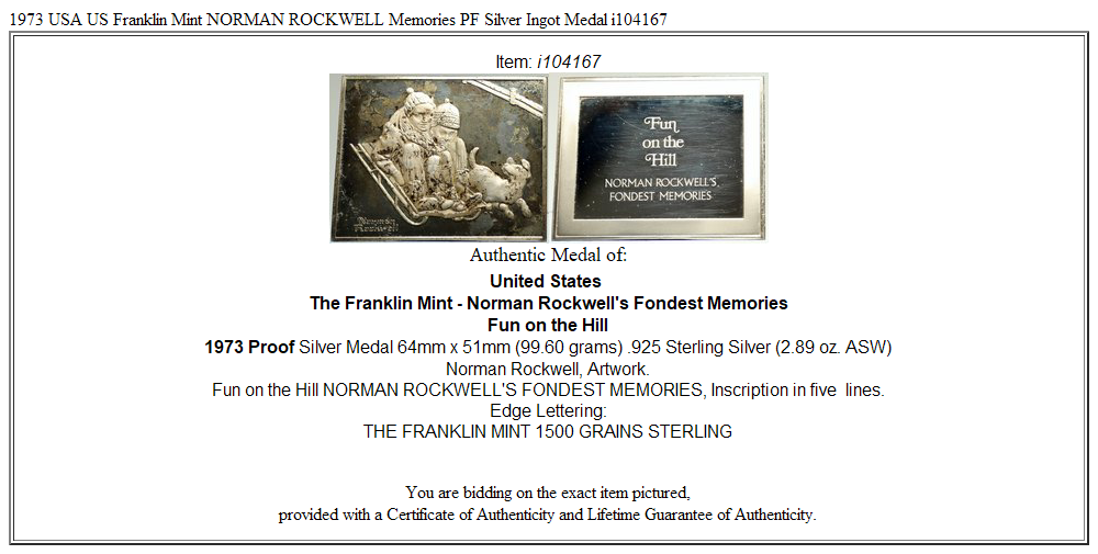 1973 USA US Franklin Mint NORMAN ROCKWELL Memories PF Silver Ingot Medal i104167