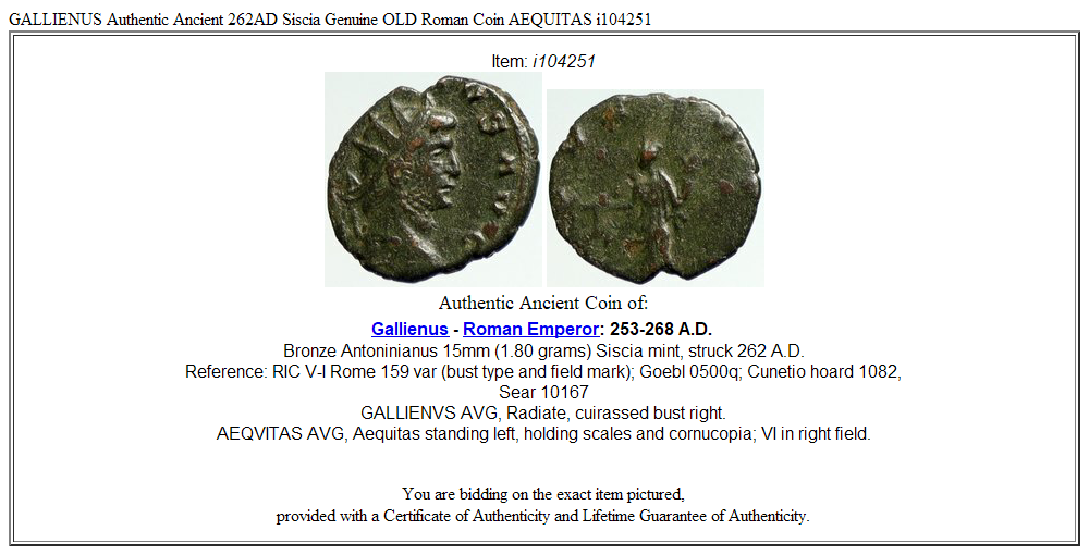 GALLIENUS Authentic Ancient 262AD Siscia Genuine OLD Roman Coin AEQUITAS i104251