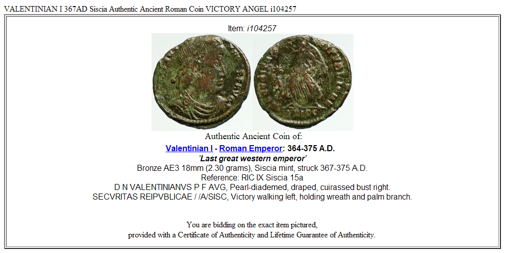 VALENTINIAN I 367AD Siscia Authentic Ancient Roman Coin VICTORY ANGEL i104257