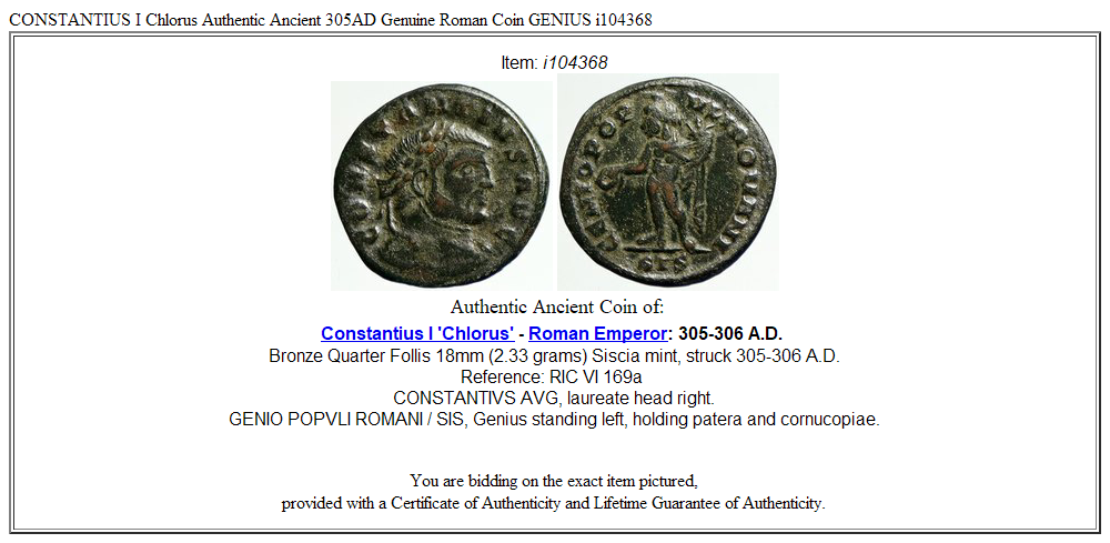 CONSTANTIUS I Chlorus Authentic Ancient 305AD Genuine Roman Coin GENIUS i104368