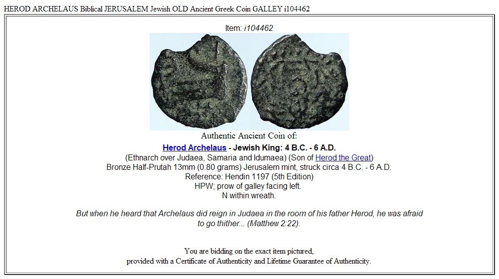 HEROD ARCHELAUS Biblical JERUSALEM Jewish OLD Ancient Greek Coin GALLEY i104462