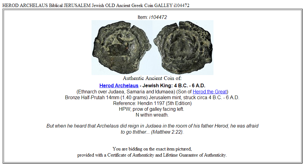 HEROD ARCHELAUS Biblical JERUSALEM Jewish OLD Ancient Greek Coin GALLEY i104472