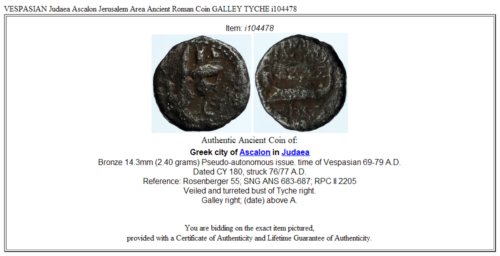 VESPASIAN Judaea Ascalon Jerusalem Area Ancient Roman Coin GALLEY TYCHE i104478