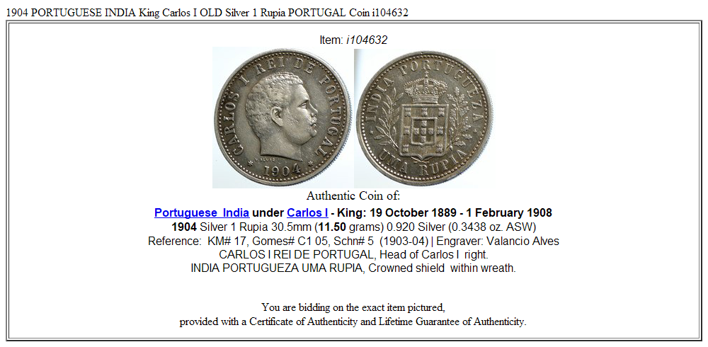 1904 PORTUGUESE INDIA King Carlos I OLD Silver 1 Rupia PORTUGAL Coin i104632