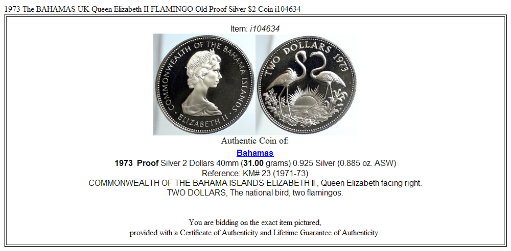 1973 The BAHAMAS UK Queen Elizabeth II FLAMINGO Old Proof Silver $2 Coin i104634