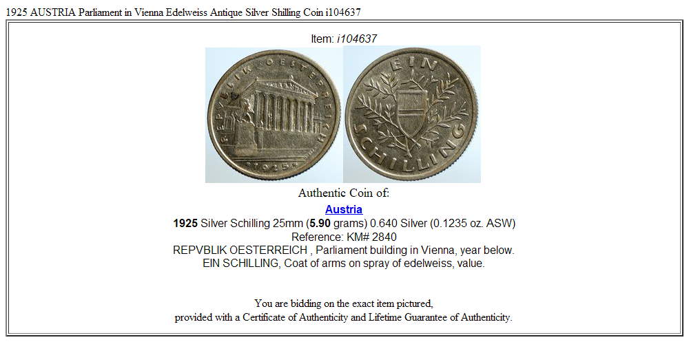 1925 AUSTRIA Parliament in Vienna Edelweiss Antique Silver Shilling Coin i104637