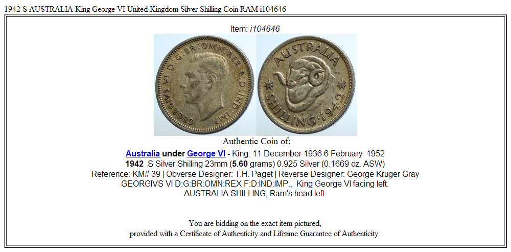 1942 S AUSTRALIA King George VI United Kingdom Silver Shilling Coin RAM i104646