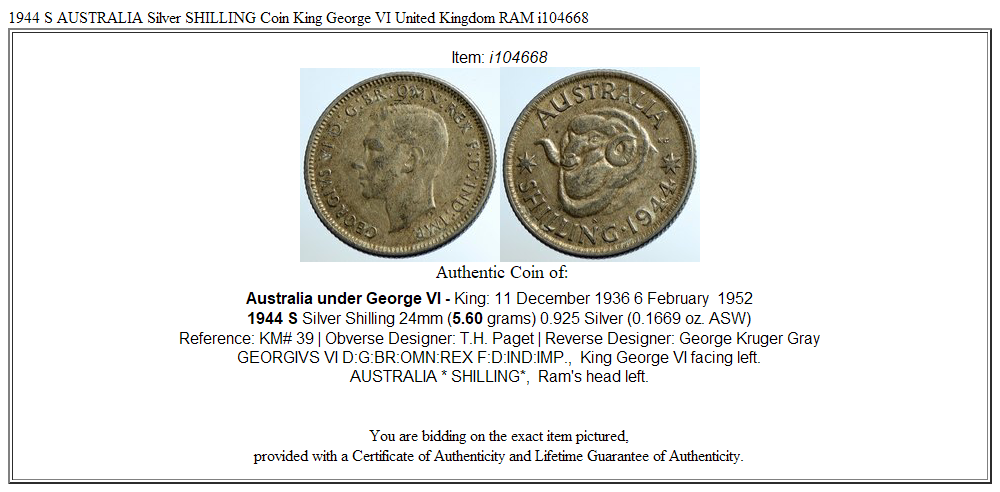 1944 S AUSTRALIA Silver SHILLING Coin King George VI United Kingdom RAM i104668