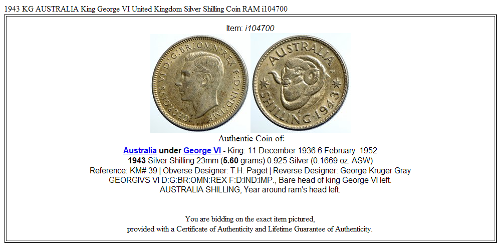 1943 KG AUSTRALIA King George VI United Kingdom Silver Shilling Coin RAM i104700