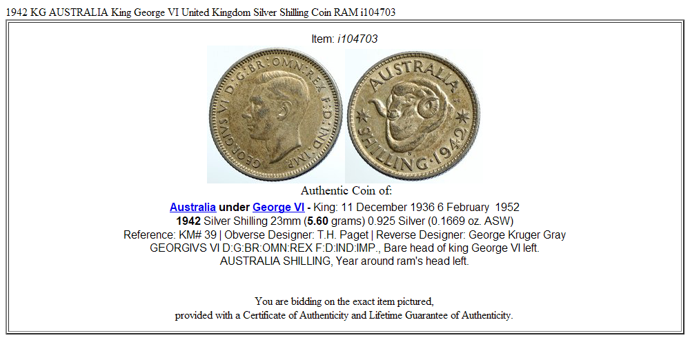 1942 KG AUSTRALIA King George VI United Kingdom Silver Shilling Coin RAM i104703