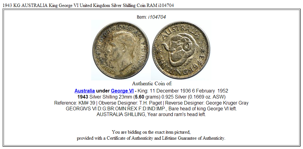 1943 KG AUSTRALIA King George VI United Kingdom Silver Shilling Coin RAM i104704