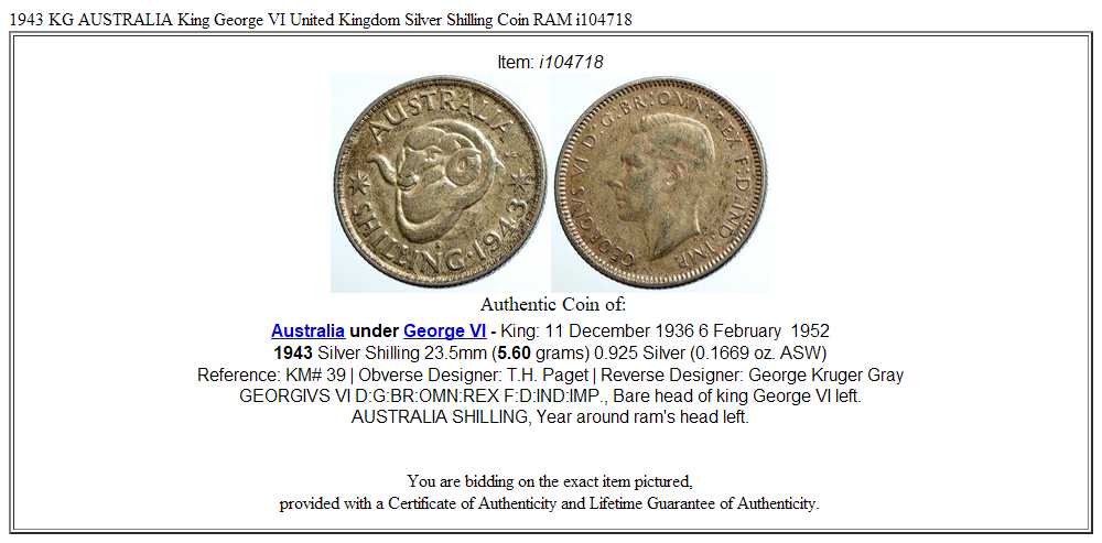 1943 KG AUSTRALIA King George VI United Kingdom Silver Shilling Coin RAM i104718