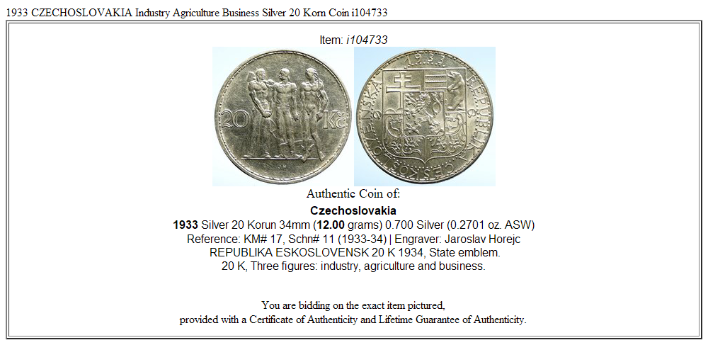 1933 CZECHOSLOVAKIA Industry Agriculture Business Silver 20 Korn Coin i104733