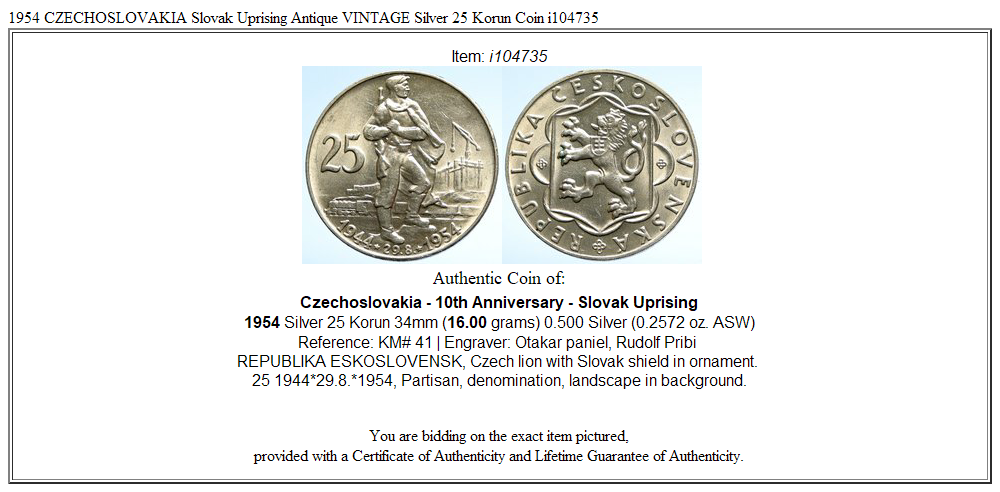 1954 CZECHOSLOVAKIA Slovak Uprising Antique VINTAGE Silver 25 Korun Coin i104735