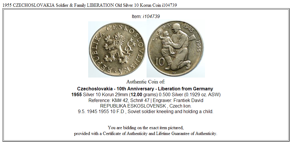 1955 CZECHOSLOVAKIA Soldier & Family LIBERATION Old Silver 10 Korun Coin i104739