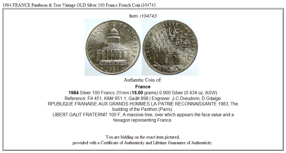 1984 FRANCE Pantheon & Tree Vintage OLD Silver 100 Francs French Coin i104743