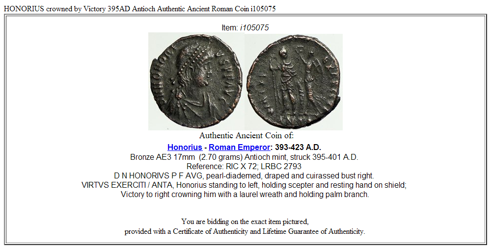 HONORIUS crowned by Victory 395AD Antioch Authentic Ancient Roman Coin i105075