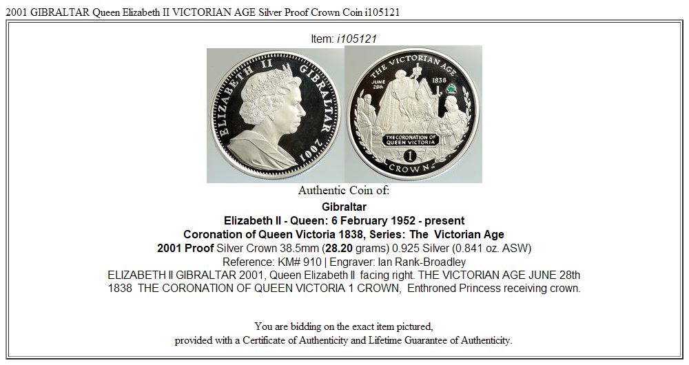 2001 GIBRALTAR Queen Elizabeth II VICTORIAN AGE Silver Proof Crown Coin i105121