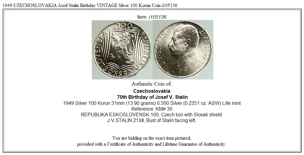 1949 CZECHOSLOVAKIA Josef Stalin Birthday VINTAGE Silver 100 Korun Coin i105136