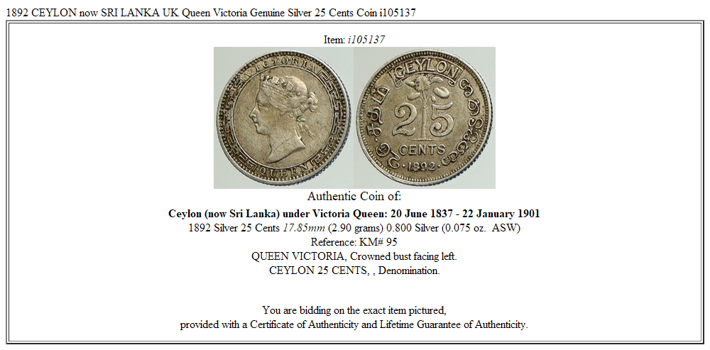 1892 CEYLON now SRI LANKA UK Queen Victoria Genuine Silver 25 Cents Coin i105137