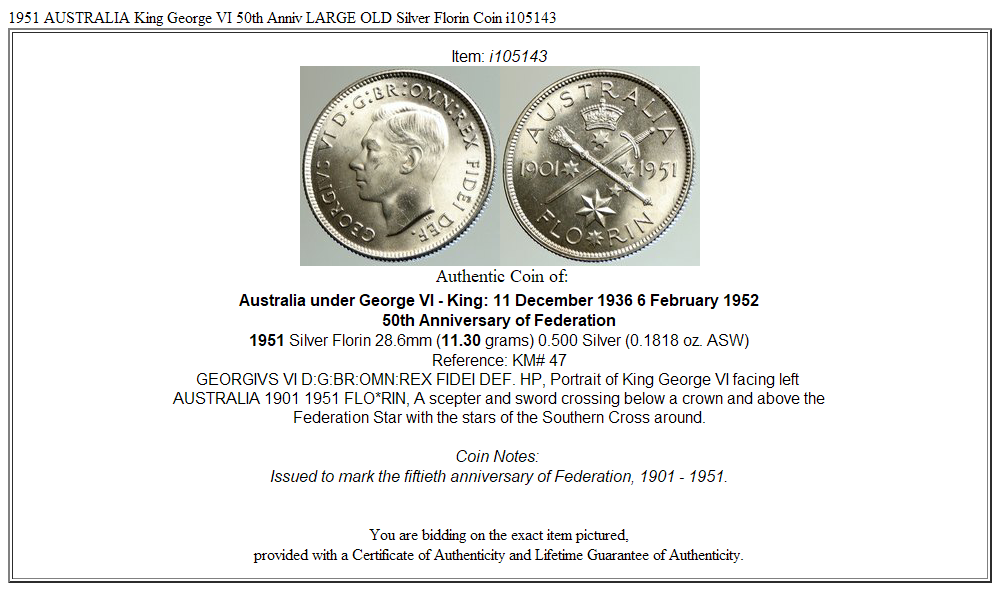 1951 AUSTRALIA King George VI 50th Anniv LARGE OLD Silver Florin Coin i105143