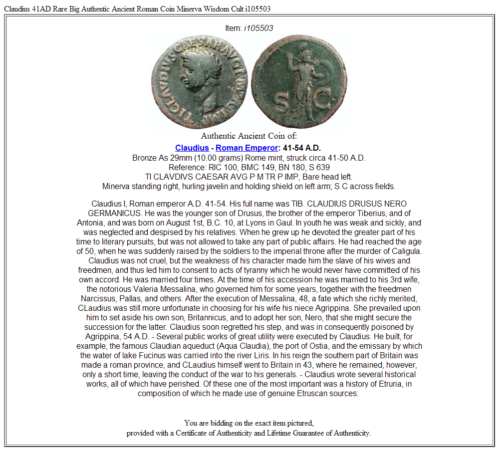 Claudius 41AD Rare Big Authentic Ancient Roman Coin Minerva Wisdom Cult i105503
