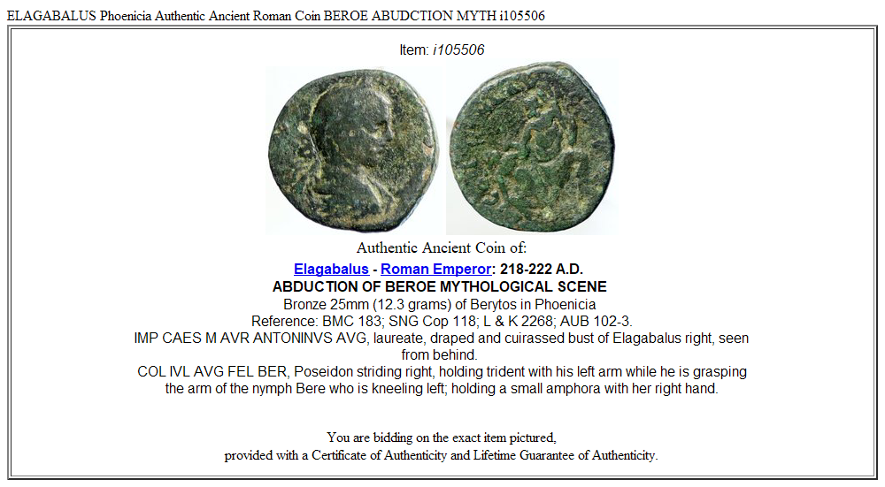 ELAGABALUS Phoenicia Authentic Ancient Roman Coin BEROE ABUDCTION MYTH i105506