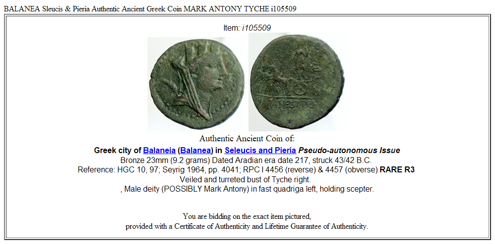 BALANEA Sleucis & Pieria Authentic Ancient Greek Coin MARK ANTONY TYCHE i105509