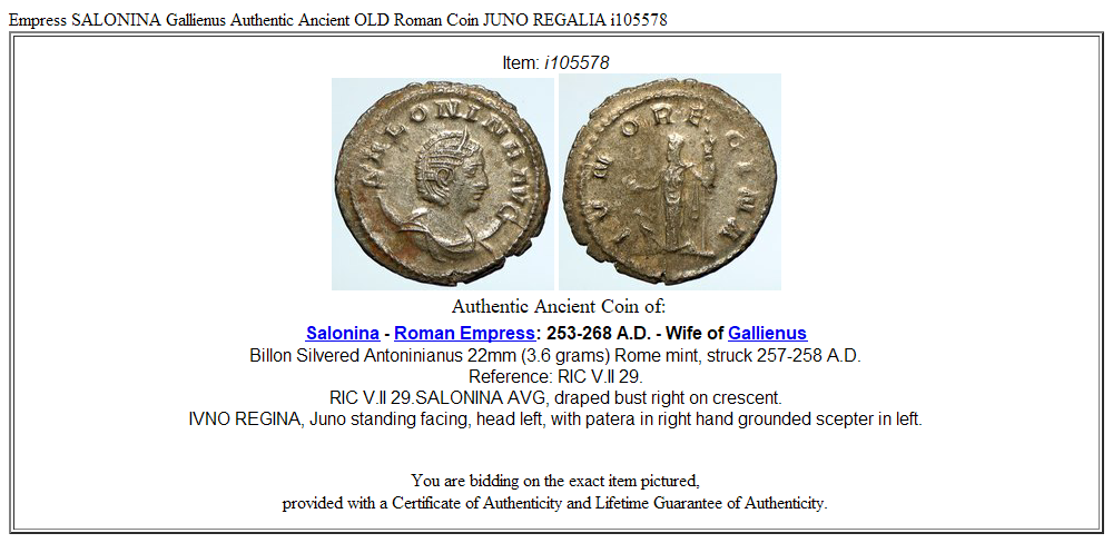 Empress SALONINA Gallienus Authentic Ancient OLD Roman Coin JUNO REGALIA i105578