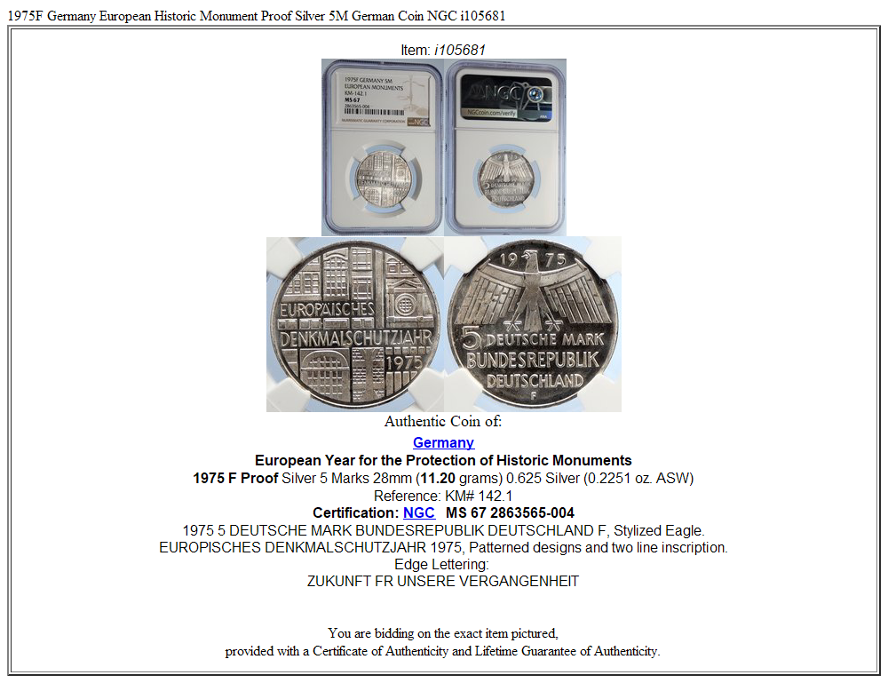 1975F Germany European Historic Monument Proof Silver 5M German Coin NGC i105681