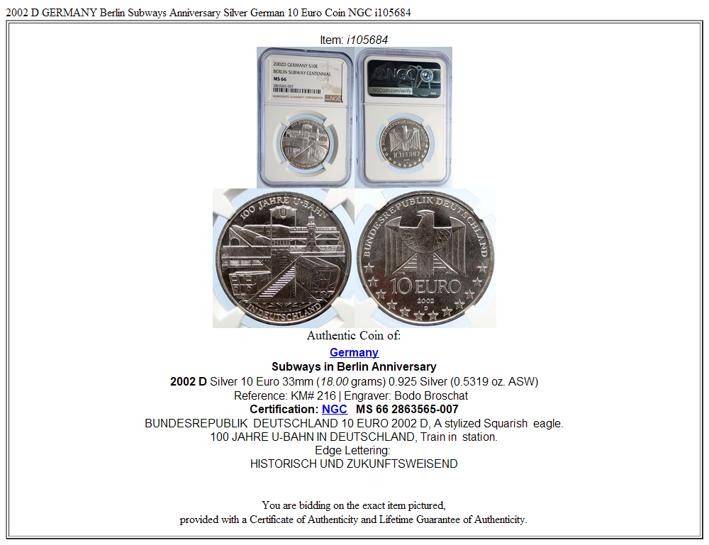 2002 D GERMANY Berlin Subways Anniversary Silver German 10 Euro Coin NGC i105684