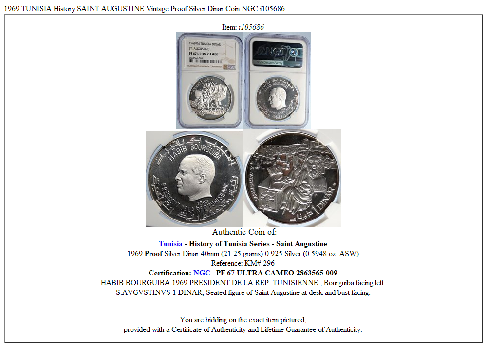 1969 TUNISIA History SAINT AUGUSTINE Vintage Proof Silver Dinar Coin NGC i105686