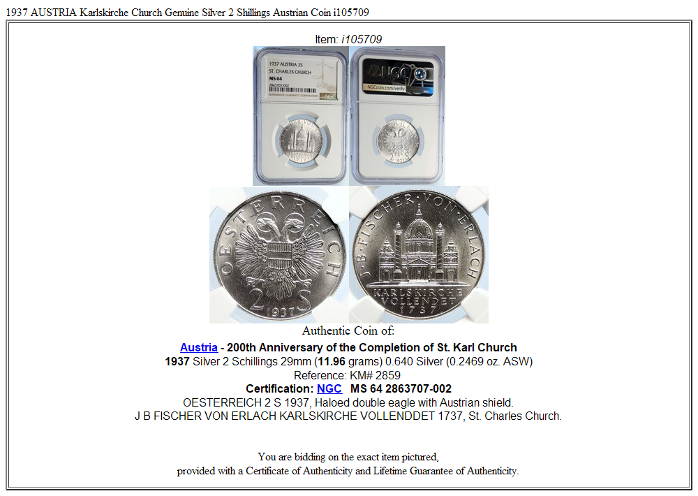 1937 AUSTRIA Karlskirche Church Genuine Silver 2 Shillings Austrian Coin i105709