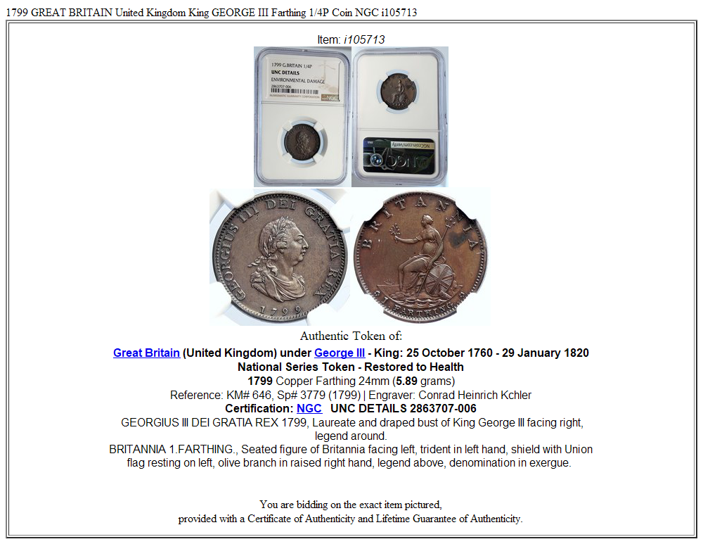 1799 GREAT BRITAIN United Kingdom King GEORGE III Farthing 1/4P Coin NGC i105713