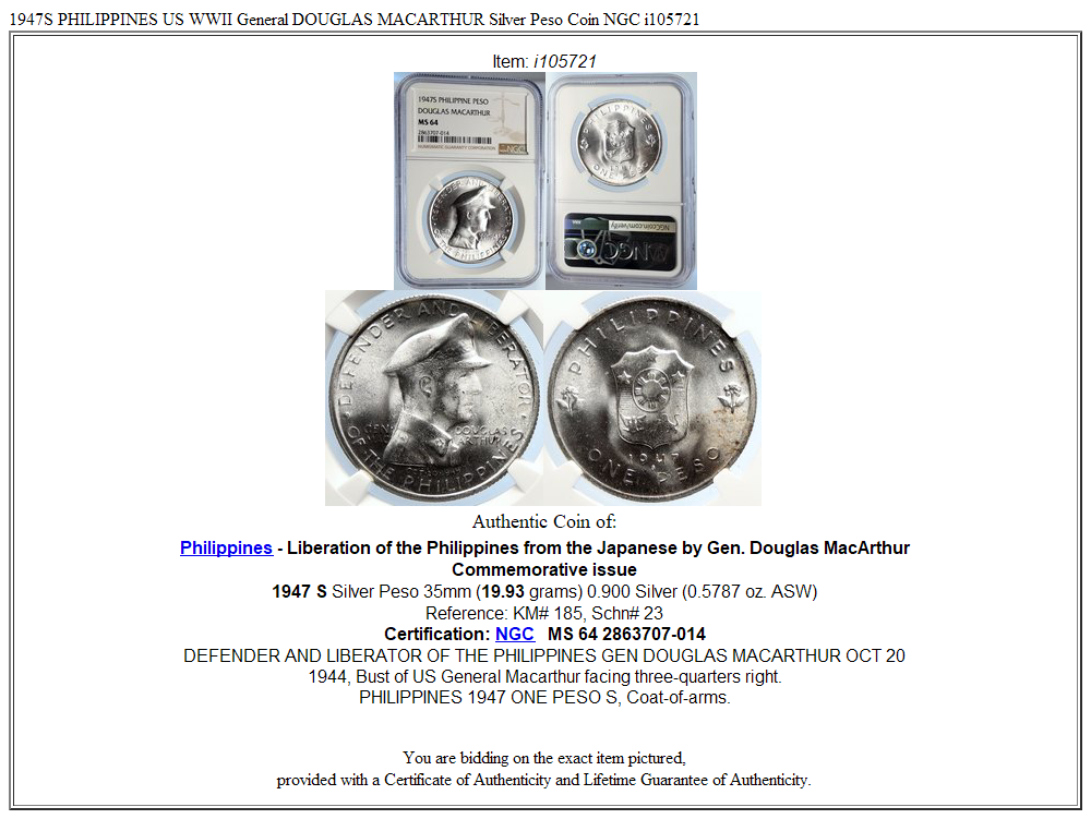 1947S PHILIPPINES US WWII General DOUGLAS MACARTHUR Silver Peso Coin NGC i105721