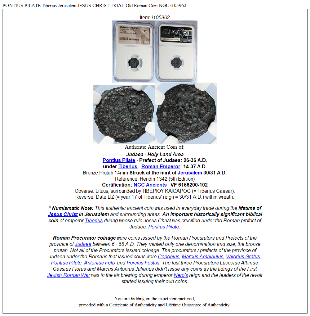 PONTIUS PILATE Tiberius Jerusalem JESUS CHRIST TRIAL Old Roman Coin NGC i105962