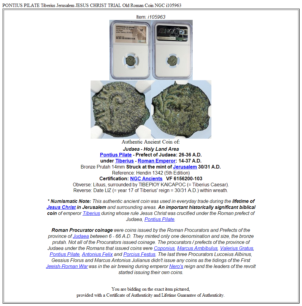 PONTIUS PILATE Tiberius Jerusalem JESUS CHRIST TRIAL Old Roman Coin NGC i105963