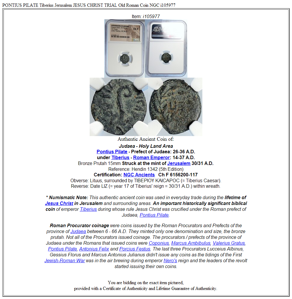 PONTIUS PILATE Tiberius Jerusalem JESUS CHRIST TRIAL Old Roman Coin NGC i105977