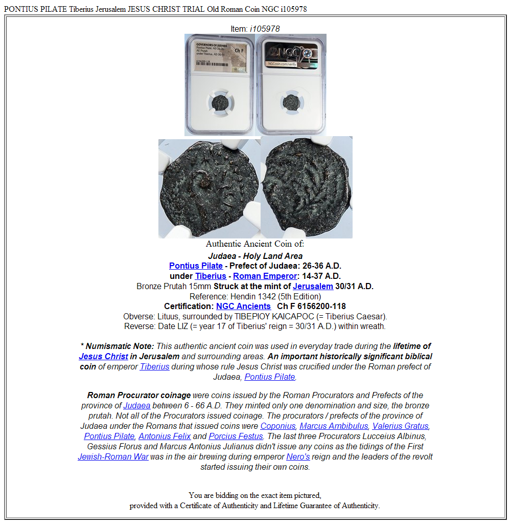 PONTIUS PILATE Tiberius Jerusalem JESUS CHRIST TRIAL Old Roman Coin NGC i105978