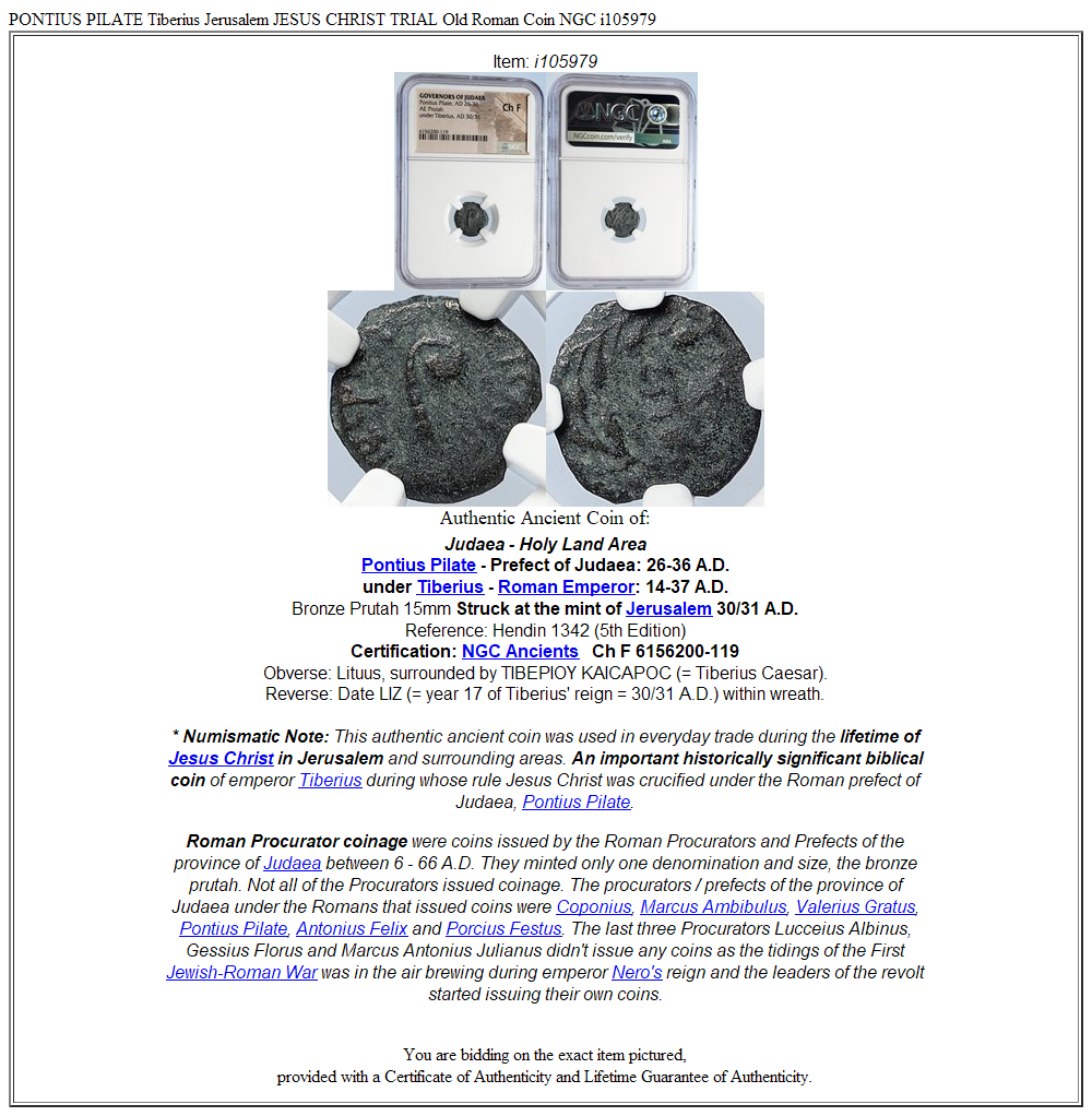 PONTIUS PILATE Tiberius Jerusalem JESUS CHRIST TRIAL Old Roman Coin NGC i105979