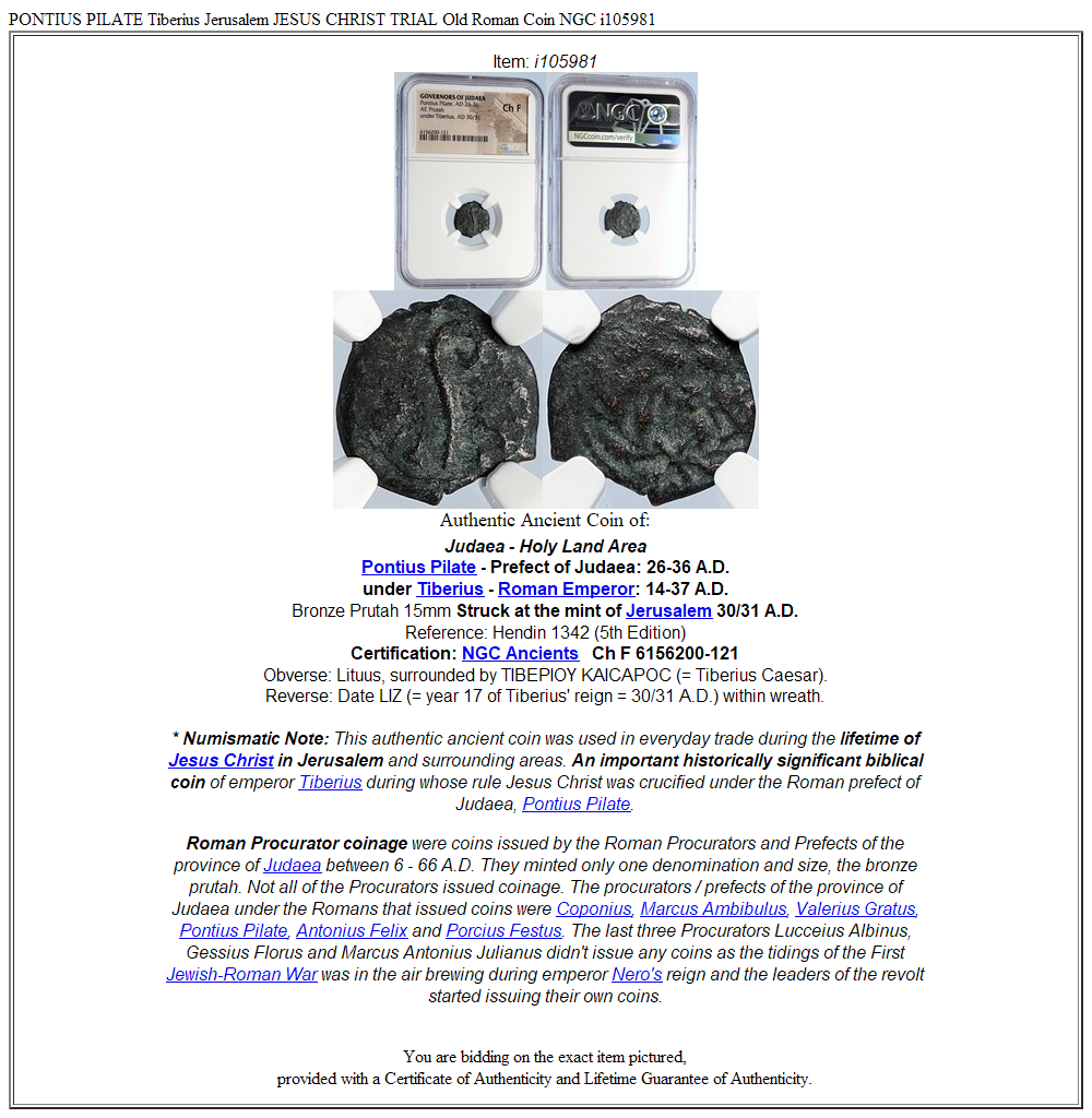 PONTIUS PILATE Tiberius Jerusalem JESUS CHRIST TRIAL Old Roman Coin NGC i105981