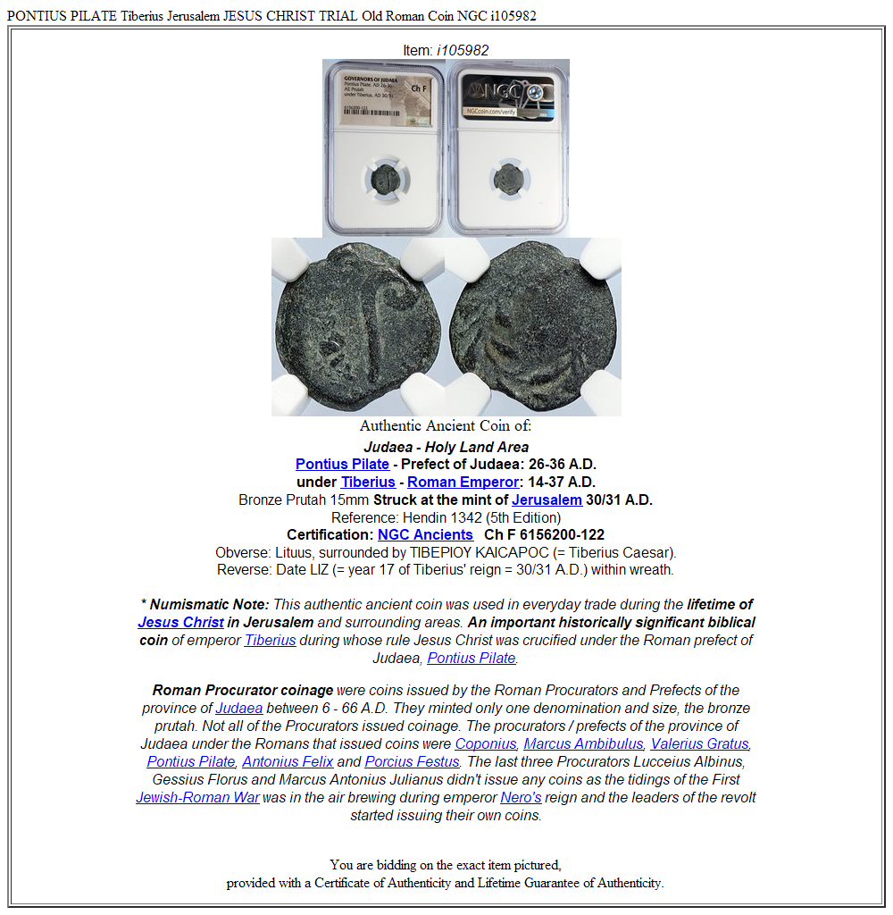 PONTIUS PILATE Tiberius Jerusalem JESUS CHRIST TRIAL Old Roman Coin NGC i105982