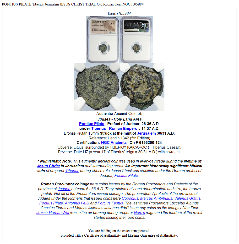 PONTIUS PILATE Tiberius Jerusalem JESUS CHRIST TRIAL Old Roman Coin NGC i105984