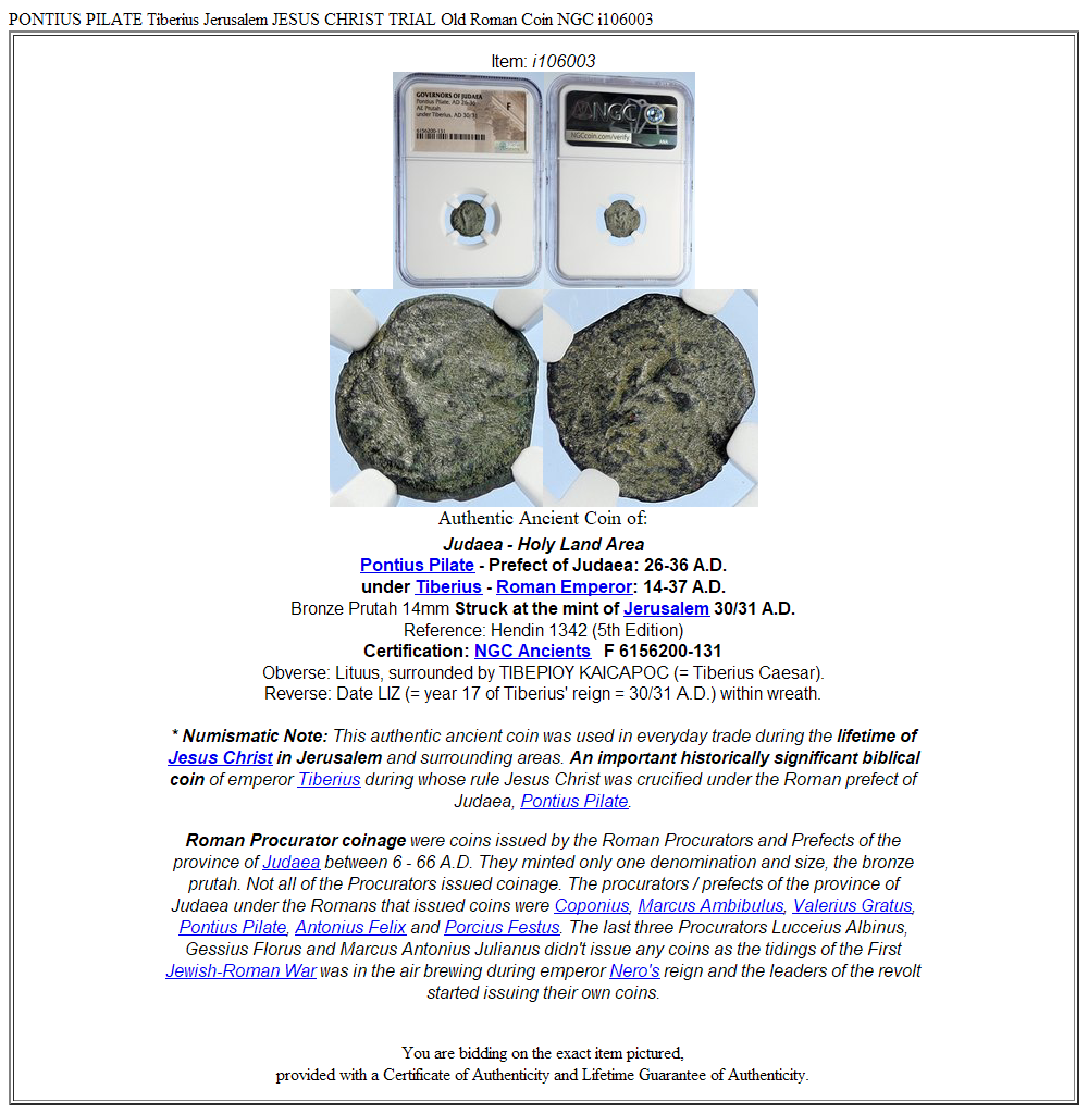 PONTIUS PILATE Tiberius Jerusalem JESUS CHRIST TRIAL Old Roman Coin NGC i106003